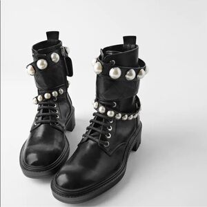 Zara Black Pearl-Adorned Combat Boots